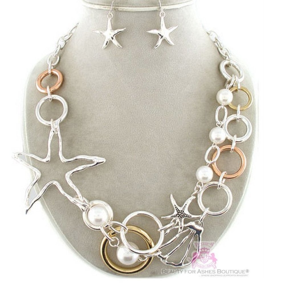 Tritone Metal Beach Star Resort Starfish Pearl Layered Chunky Necklace Set